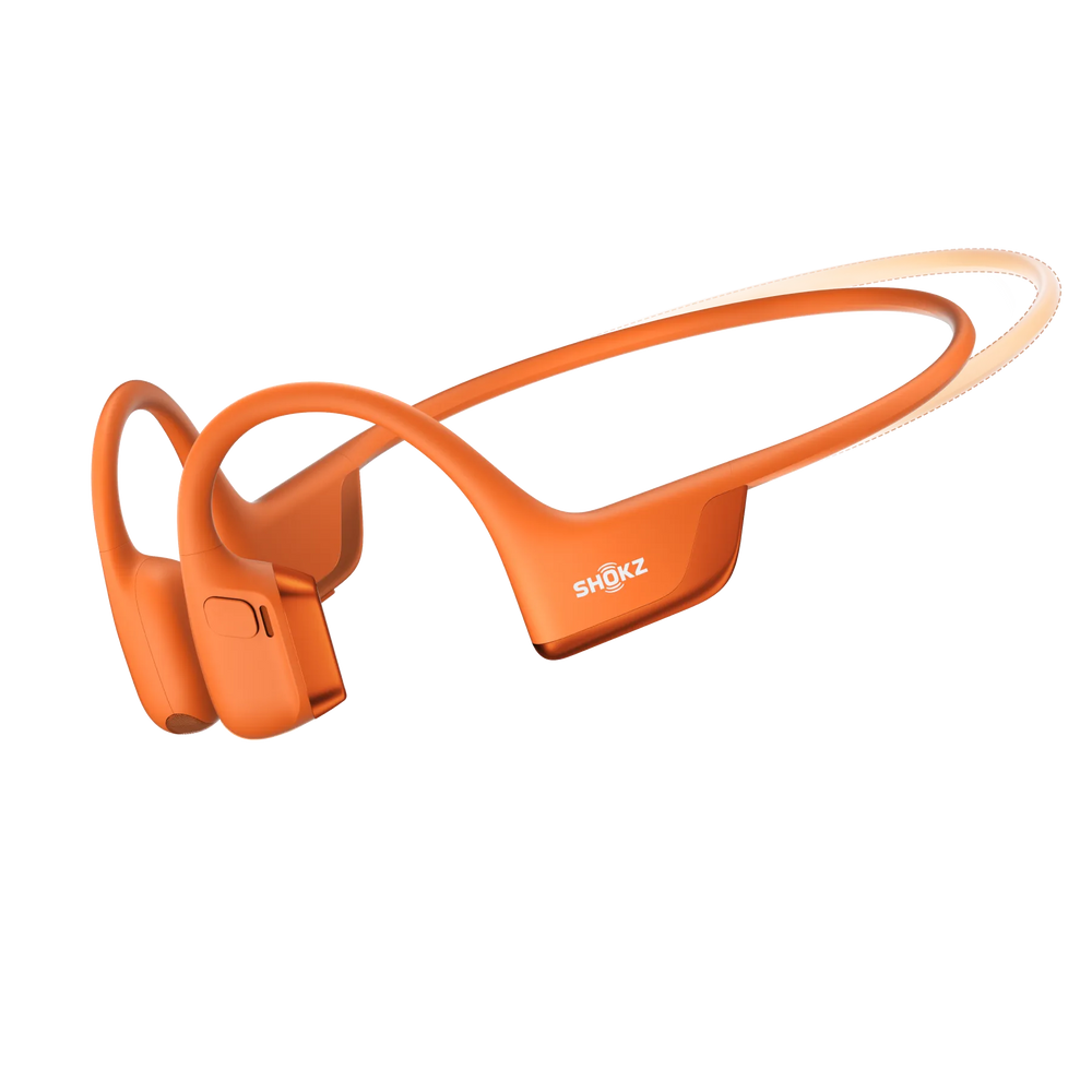 Shokz Bone Conduction headphones in orange colour, OpenRun Pro, showing mini size