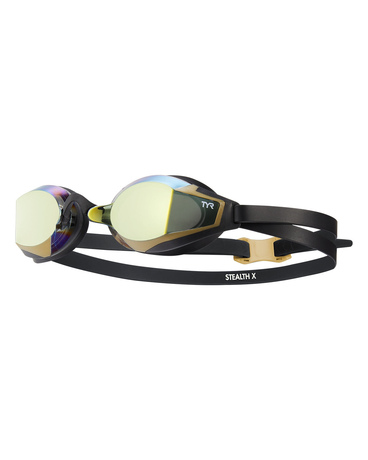 TYR stealth swim goggle black and gold colour mirrored lens