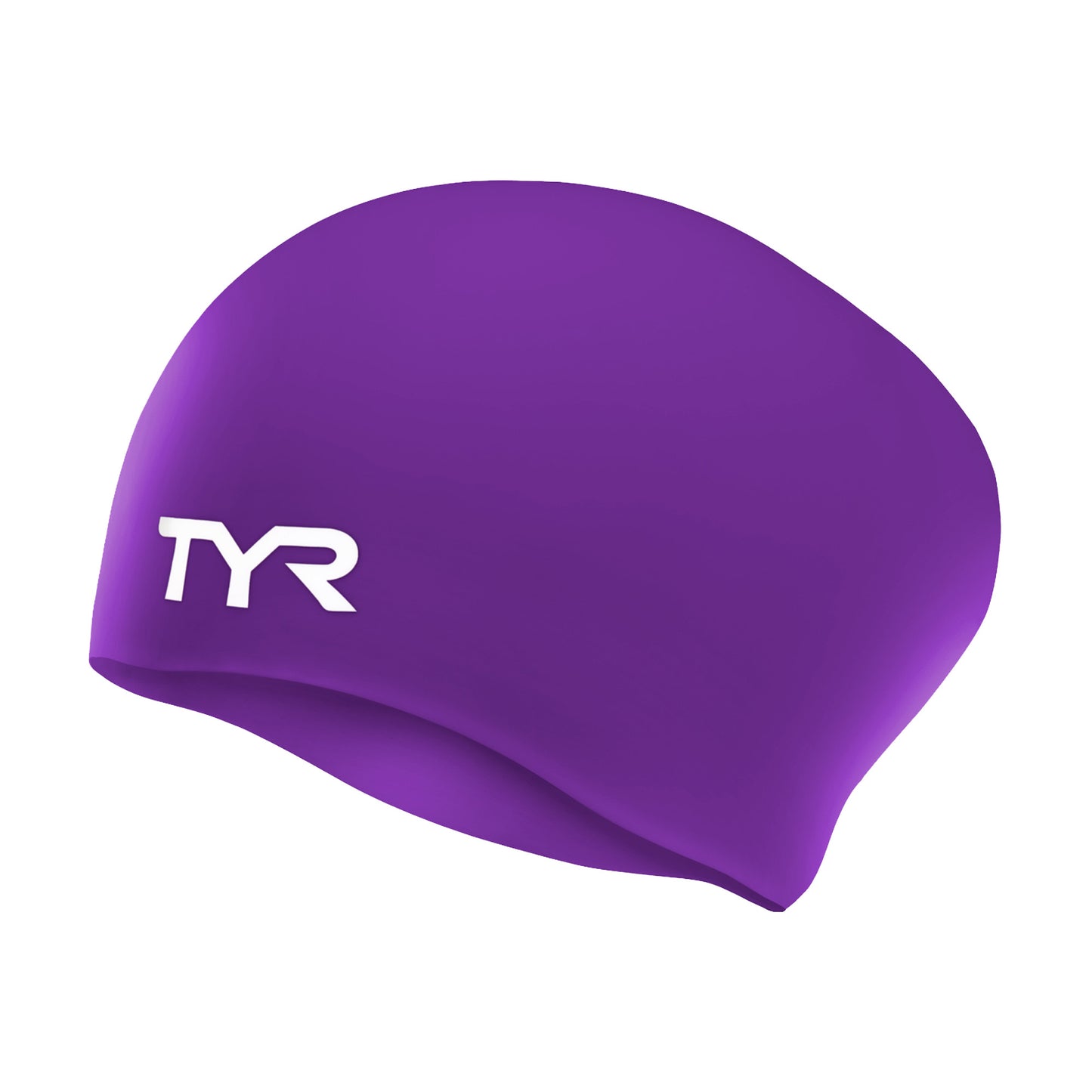 tyr long hair swim cap, silicone swim hat for long hair, purple colour with white logo