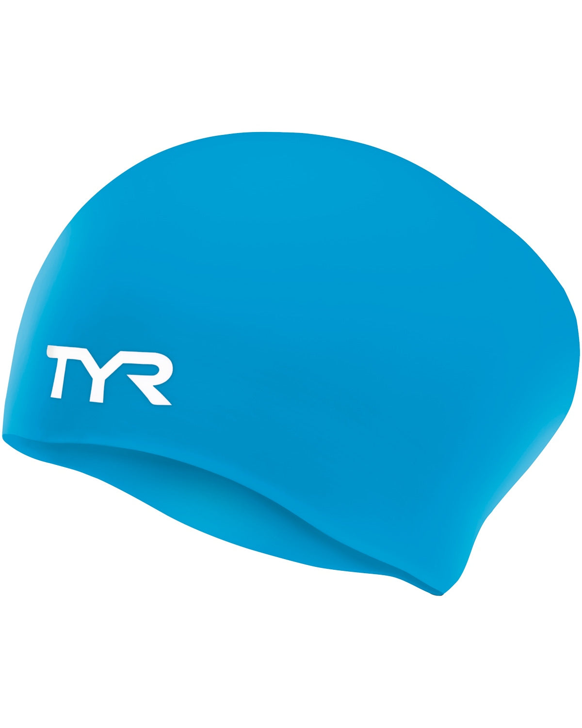 Blue TYR silicone swim cap for people with long hair, pony tails