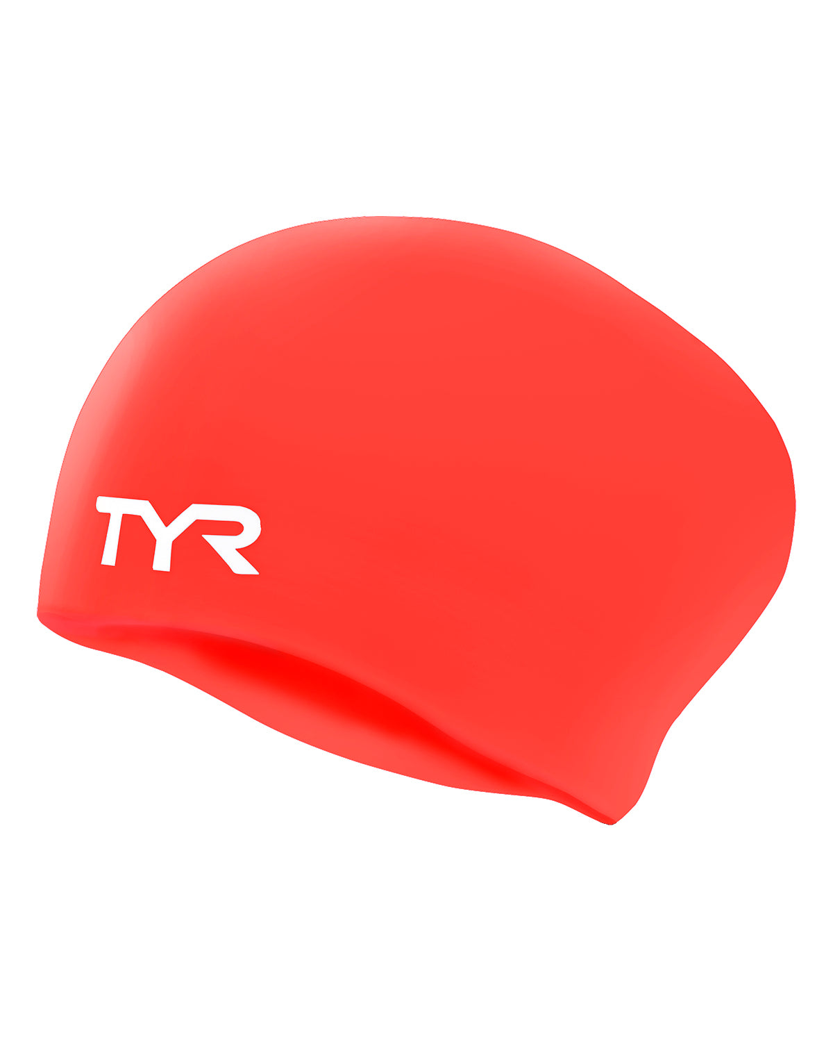 tyr long hair swim cap, silicone swim hat for long hair, bright red colour with white logo