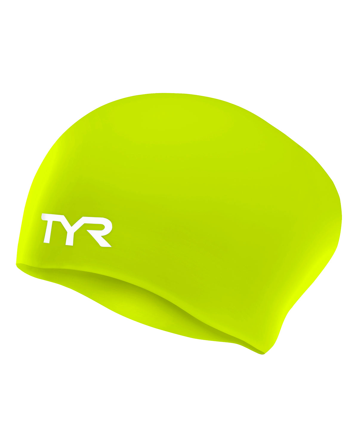 tyr long hair swim cap, silicone swim hat for long hair, bright lime green with white logo