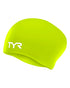 tyr long hair swim cap, silicone swim hat for long hair, bright lime green with white logo