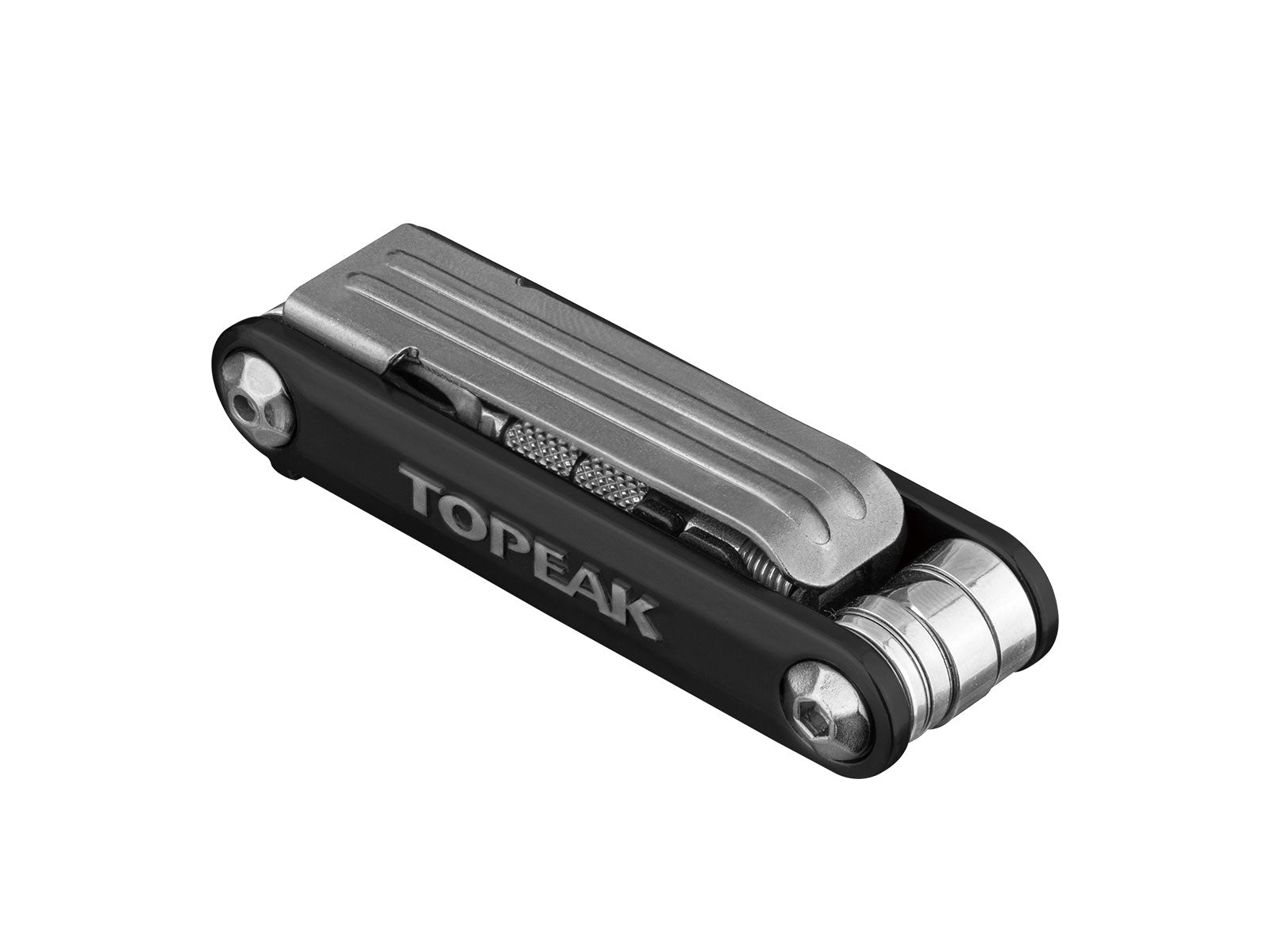 topeak tubi 11 functions multitool with tubeless puncture repair, black with silver tools, function tools closed