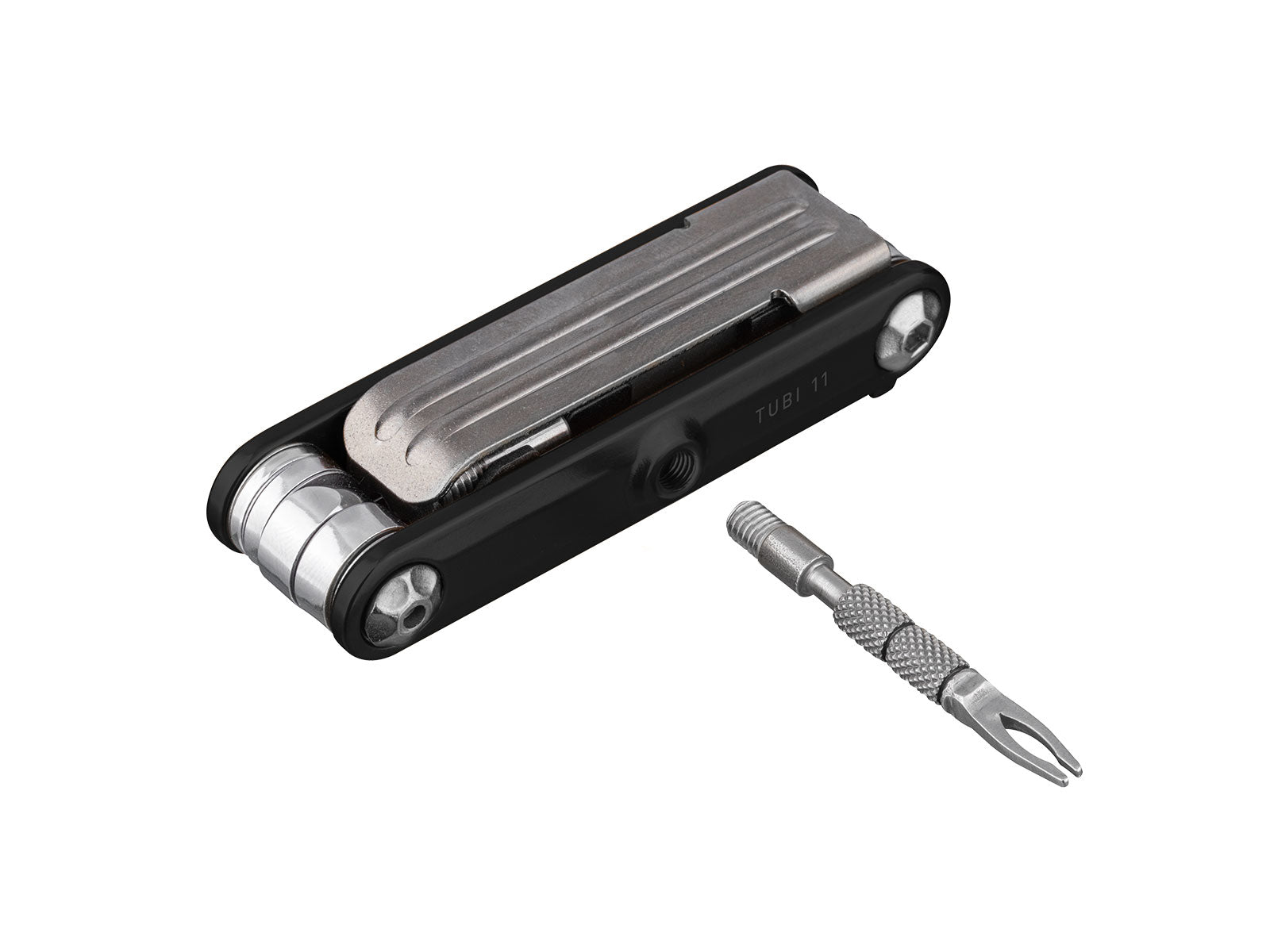 topeak tubi 11 functions multitool with tubeless puncture repair, black with silver tools, tools closed with extendable tubeless piece open