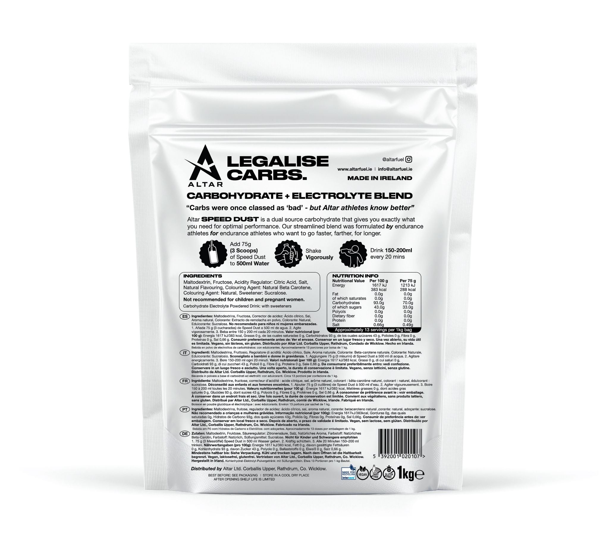 altar speeddust endurance fuel, carbohydrate and electrolyte running nutrition drink mix, details and nutrition