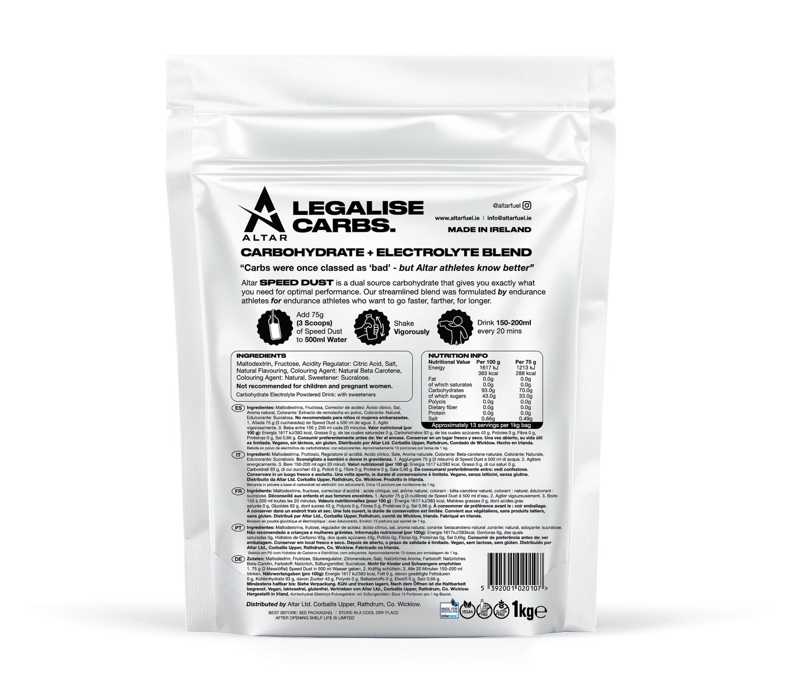 altar speeddust endurance fuel, carbohydrate and electrolyte running nutrition drink mix, details and nutrition
