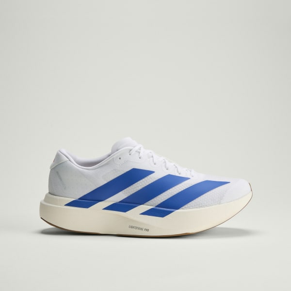 adidas adizero evo sl men's running shoe in white with blue stripes