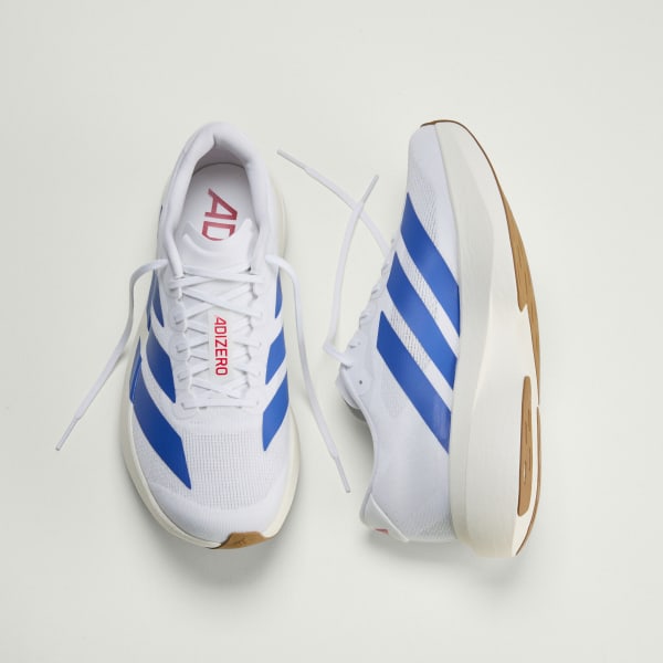 adidas adizero evo sl men's running shoes in white with blue stripes