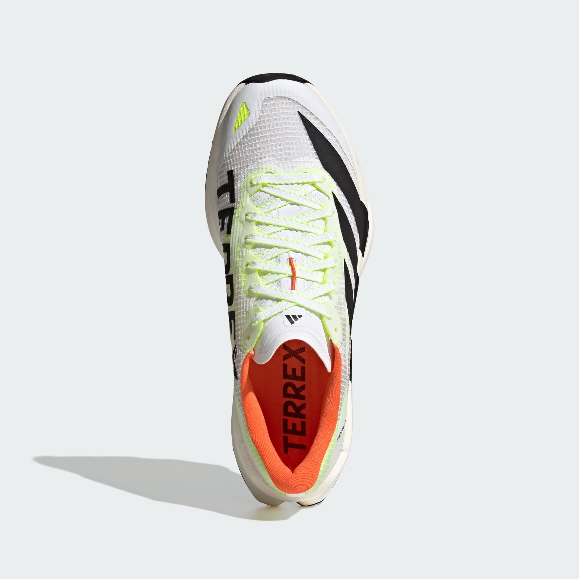 top view of adidas terrex agravic tt trail running shoe in white with coral and lime detail