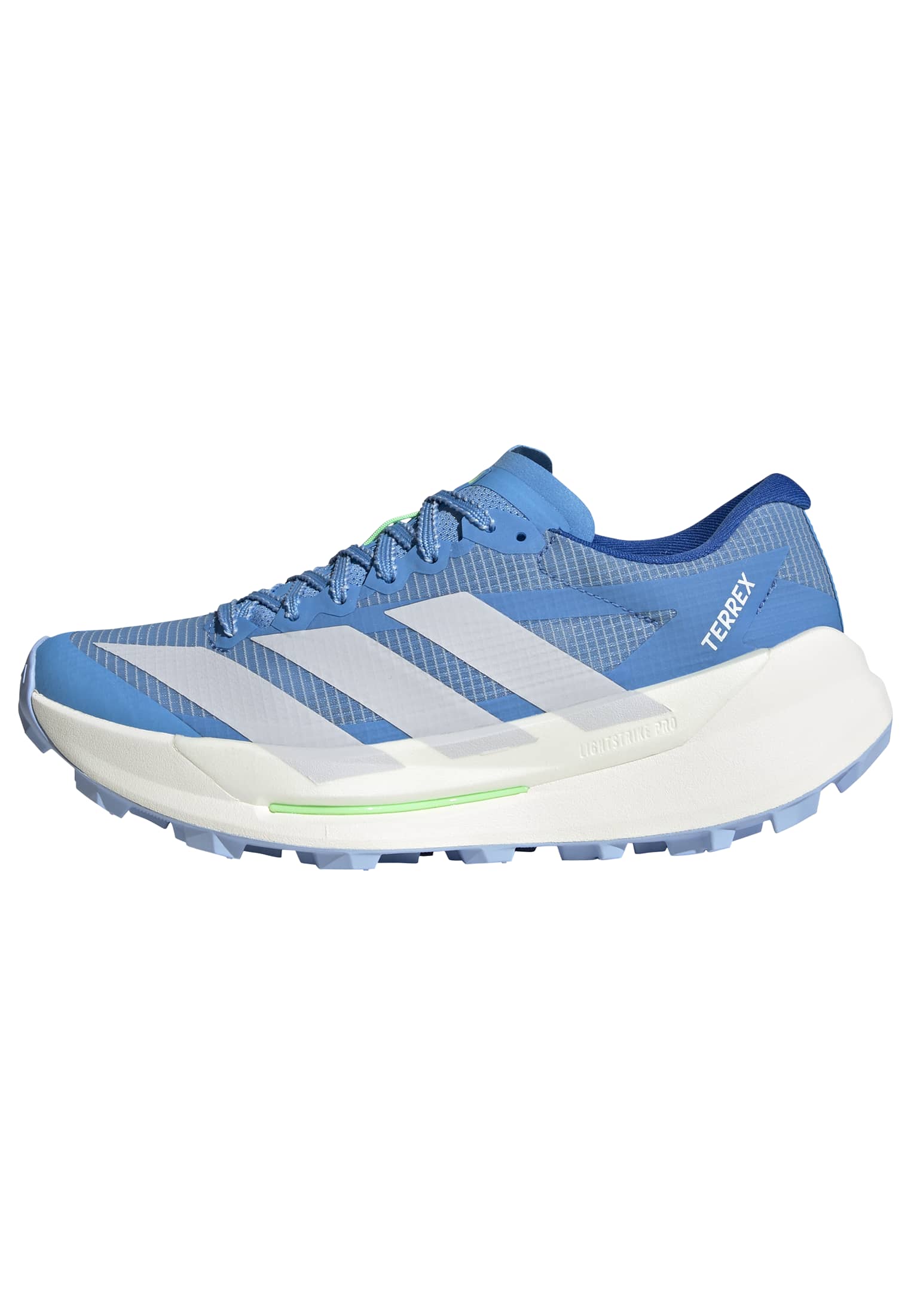 side view of adidas terrex agravic tt trail running shoe for women in blue with lime trim