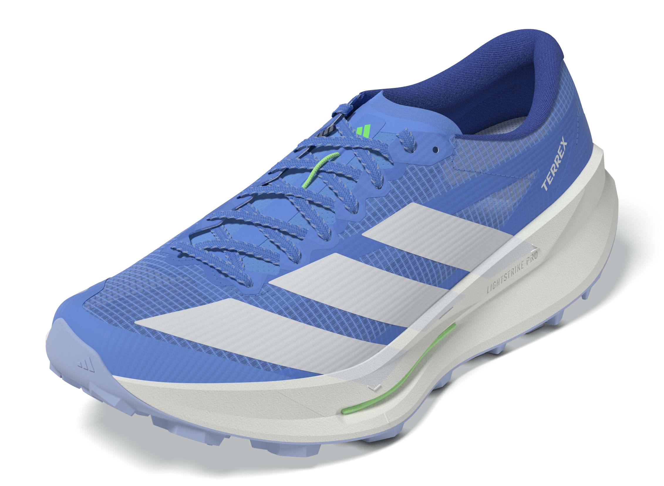 close up of adidas terrex agravic tt trail running shoe for women in blue with lime trim