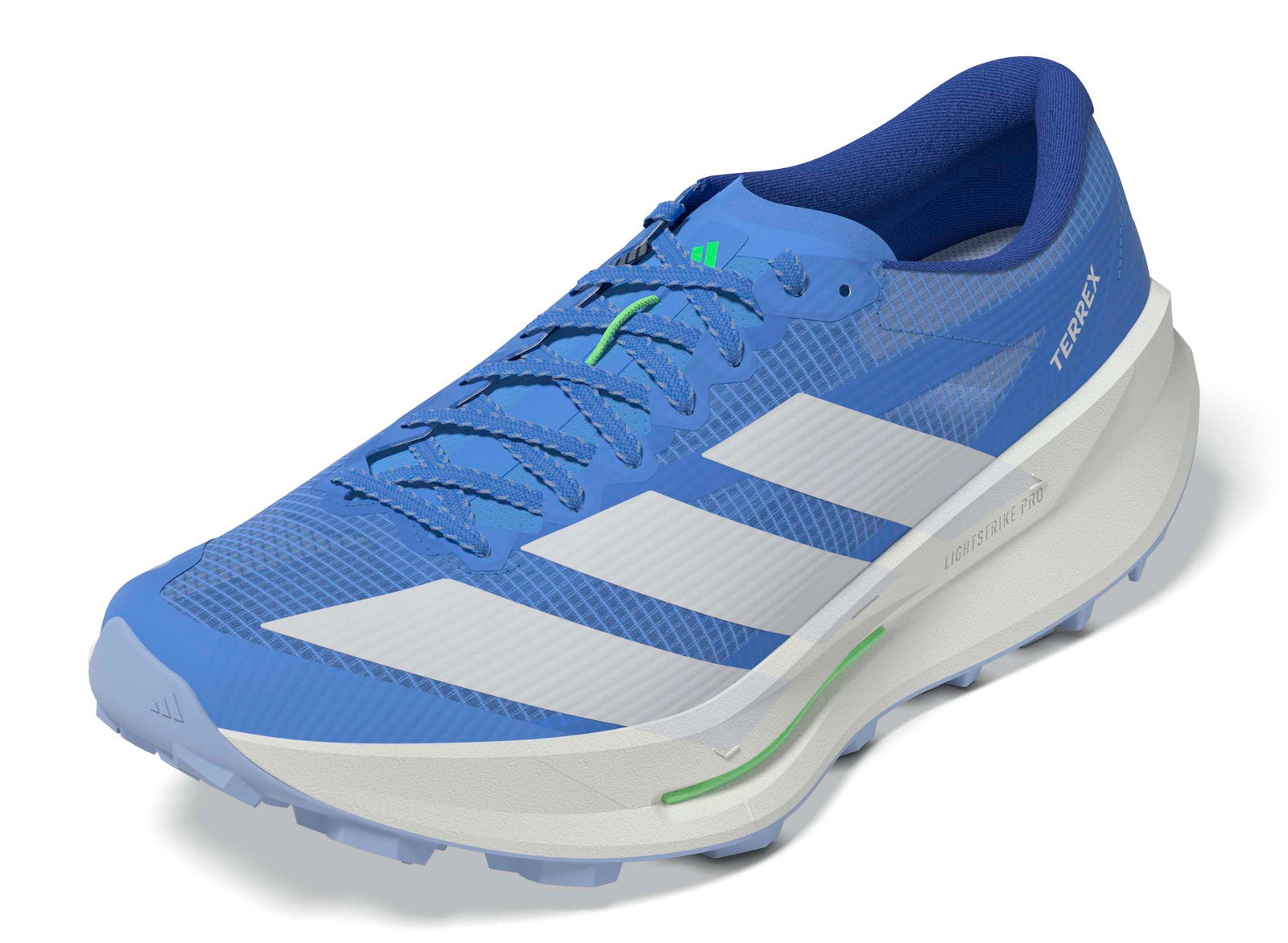 close up of adidas terrex agravic tt trail running shoe for women in blue with lime trim