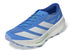 close up of adidas terrex agravic tt trail running shoe for women in blue with lime trim