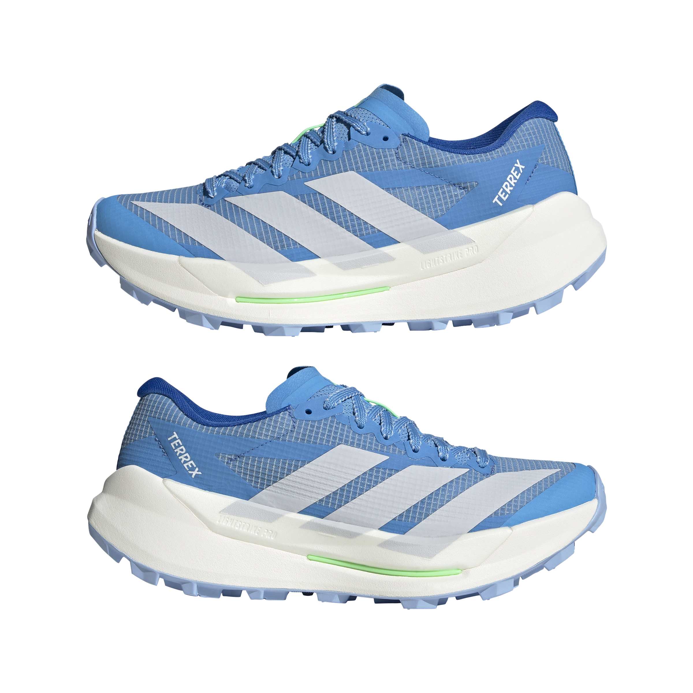 pair of adidas terrex agravic tt trail running shoes for women in blue with lime trim