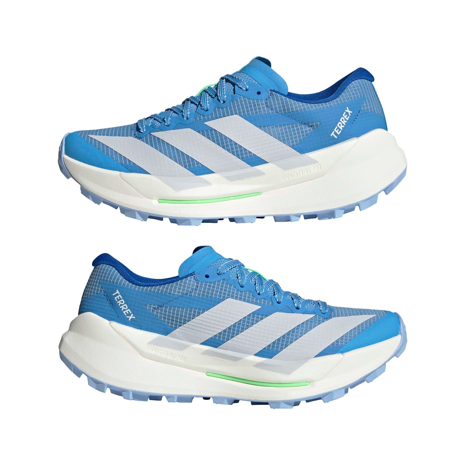 pair of adidas terrex agravic tt trail running shoes for women in blue with lime trim