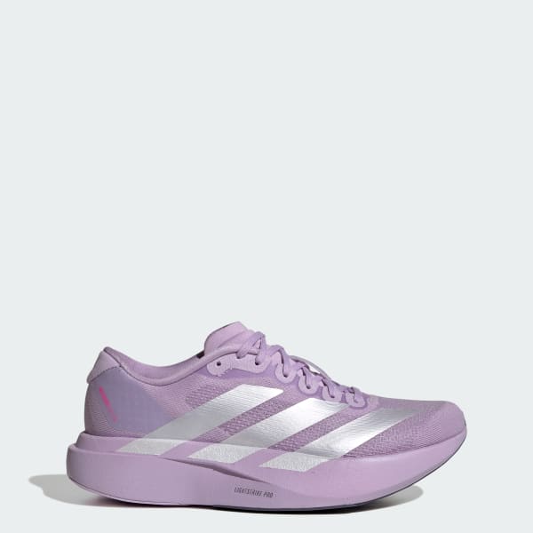 side view of adidas adizero evo sl running shoe for women in purple with metallic stripes