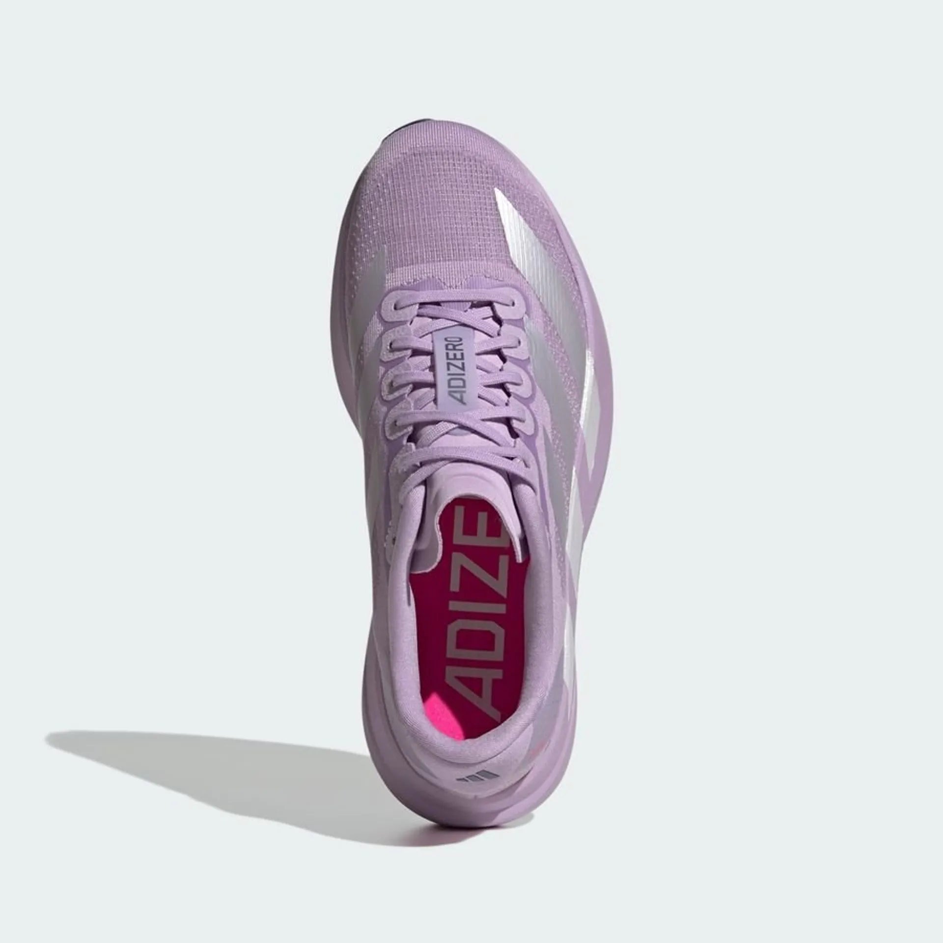 top view of adidas adizero evo sl running shoe for women in purple with metallic stripes