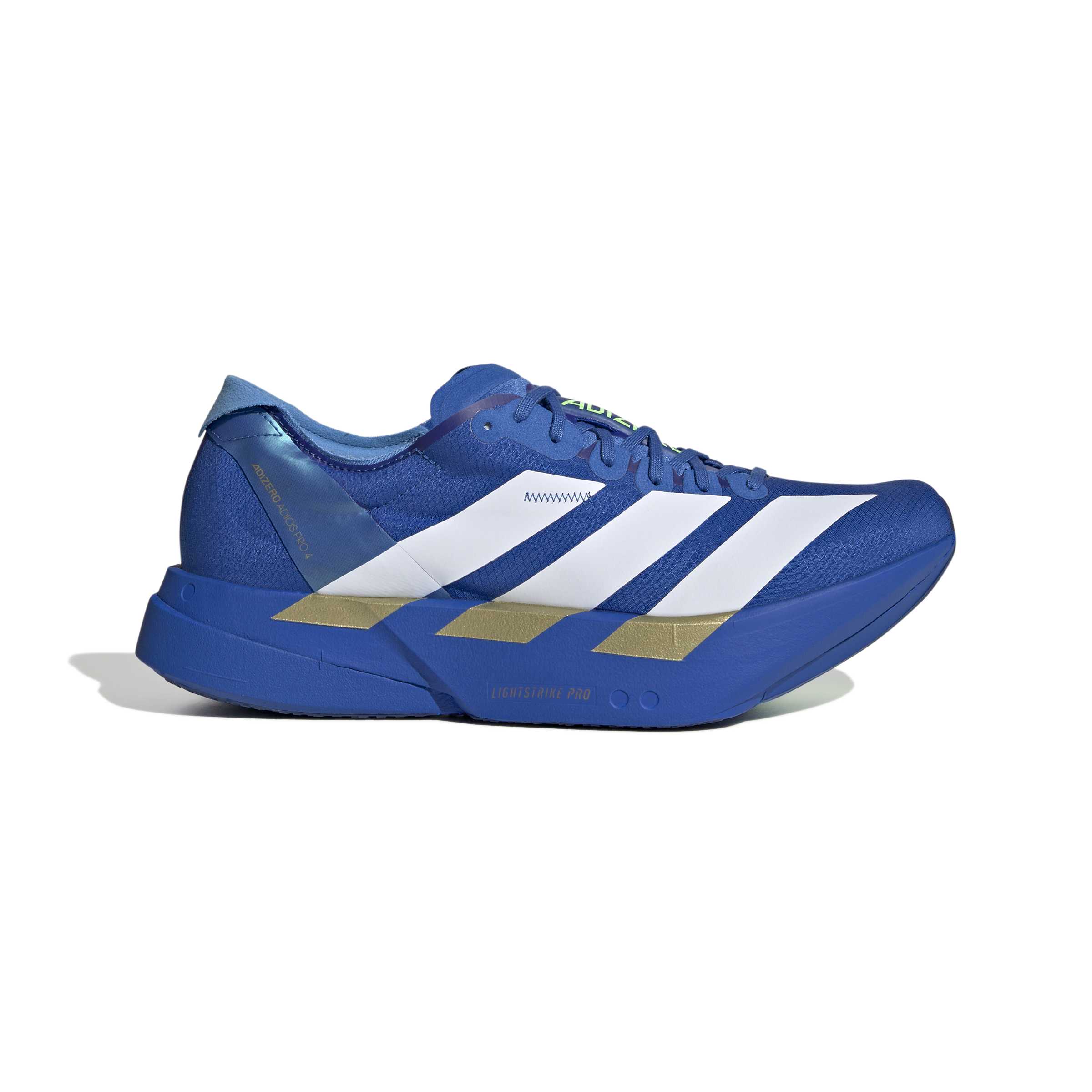 side view of adidas adizero adios pro 4 for men in blue with white stripes and lime trim