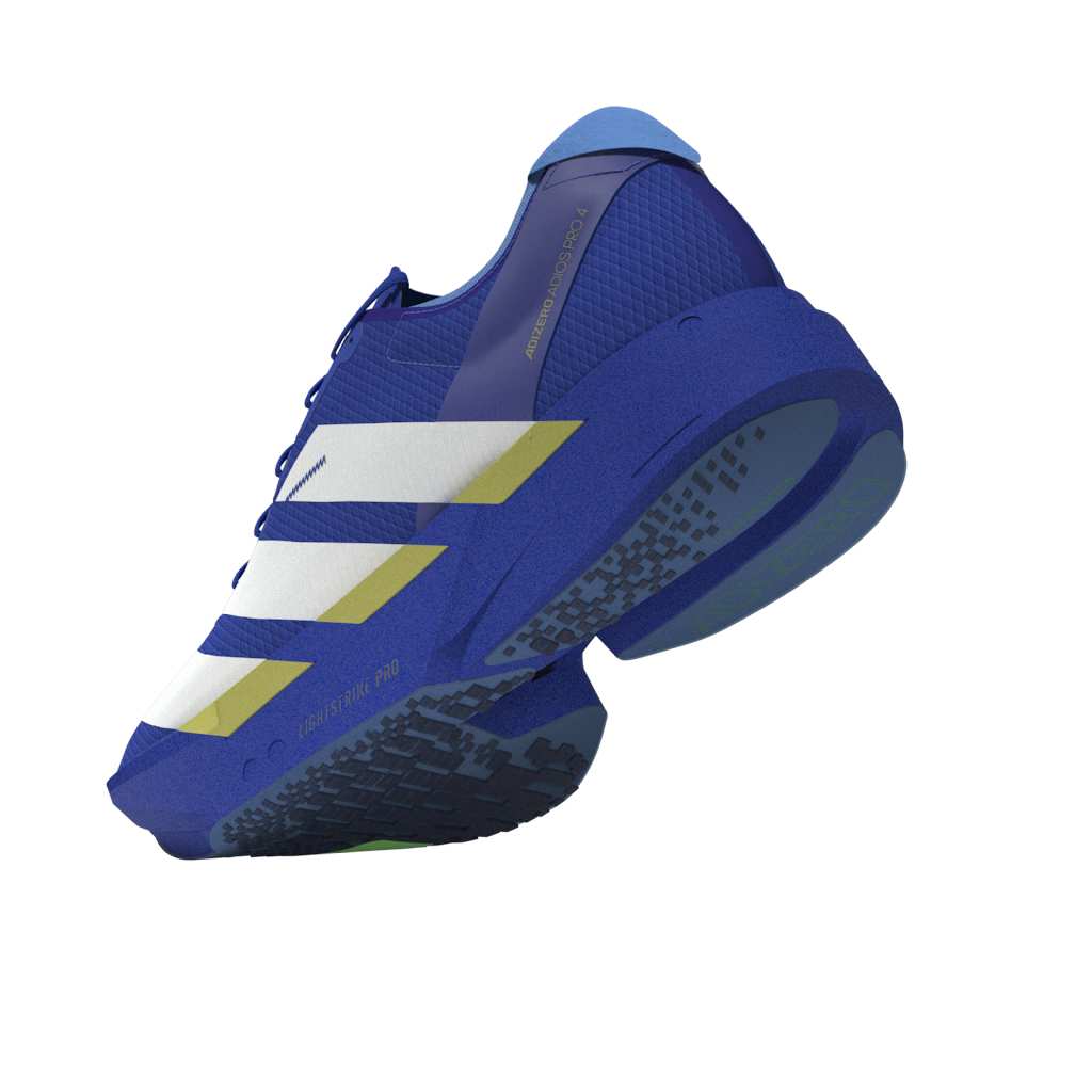 back view and outer sole of adidas adizero adios pro 4 for men in blue with white stripes and lime trim
