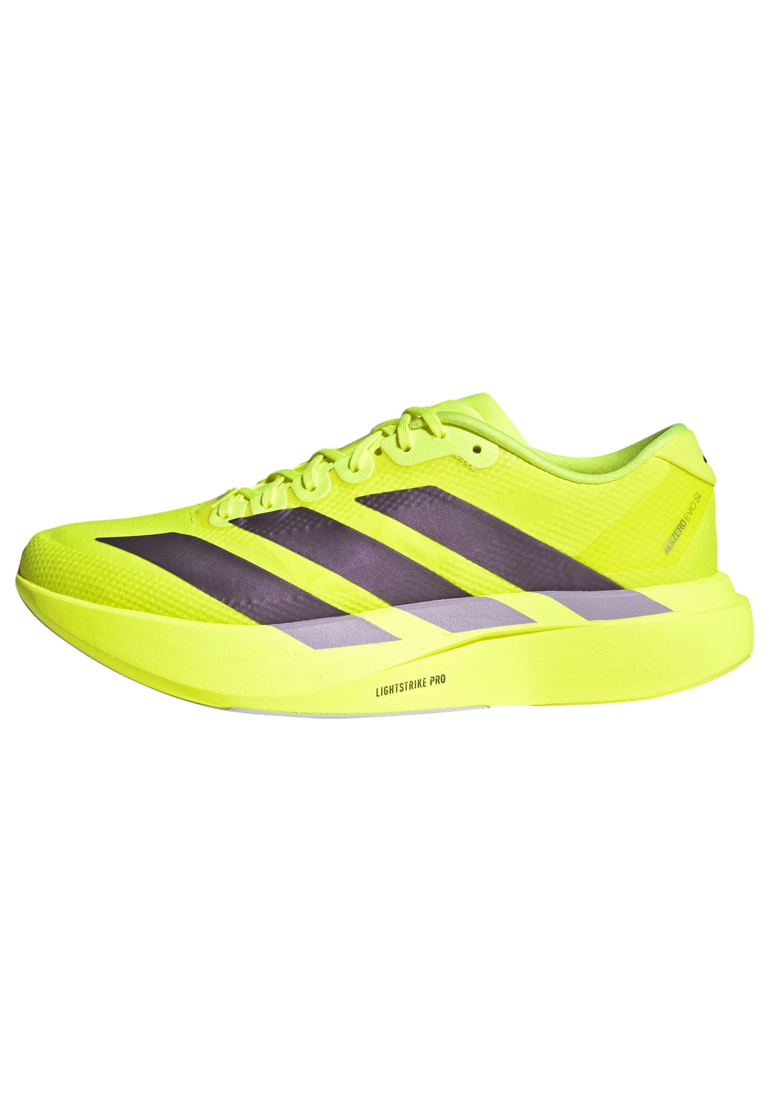 side view adidas adizero evo sl woven running shoes for men in neon yellow 