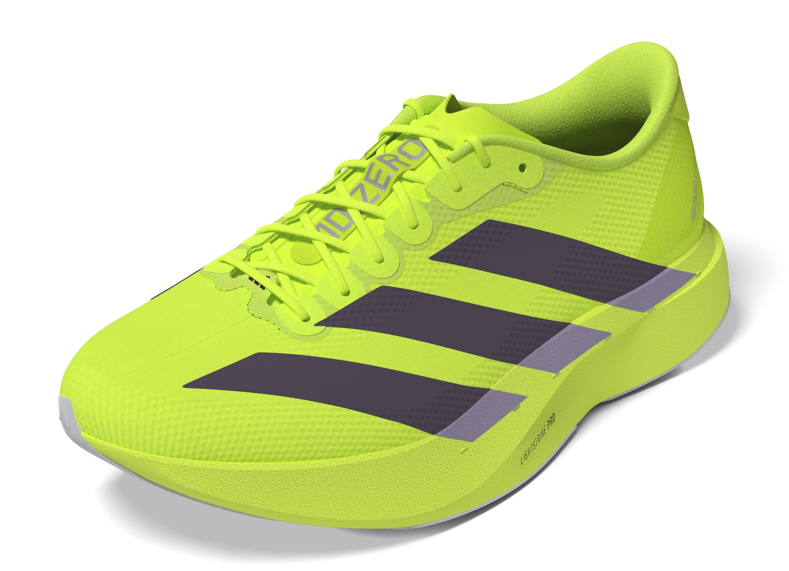 side view of adidas adizero evo sl woven running shoes for men in neon yellow 