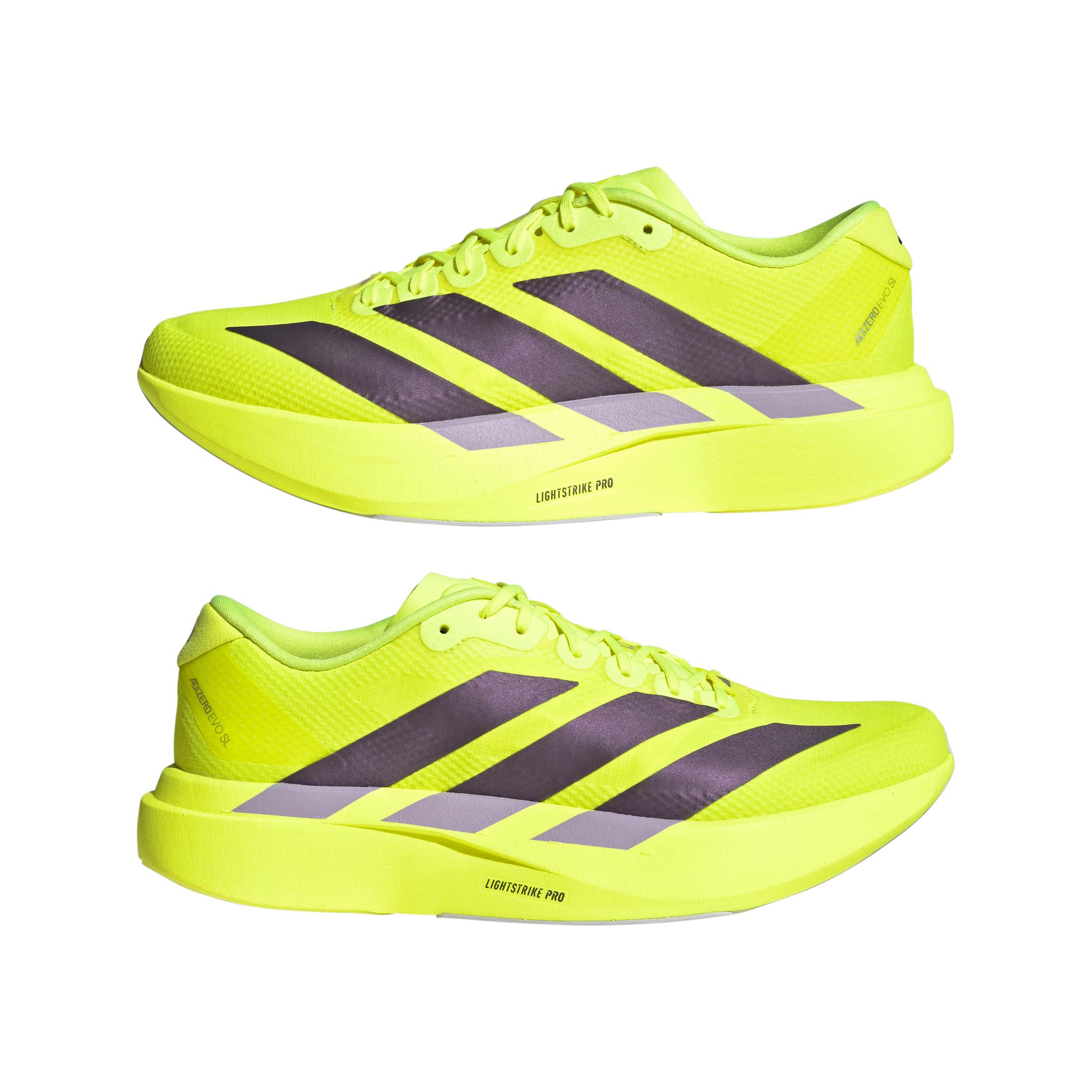 pair of adidas adizero evo sl woven running shoes for men in neon yellow colour with grey stripes