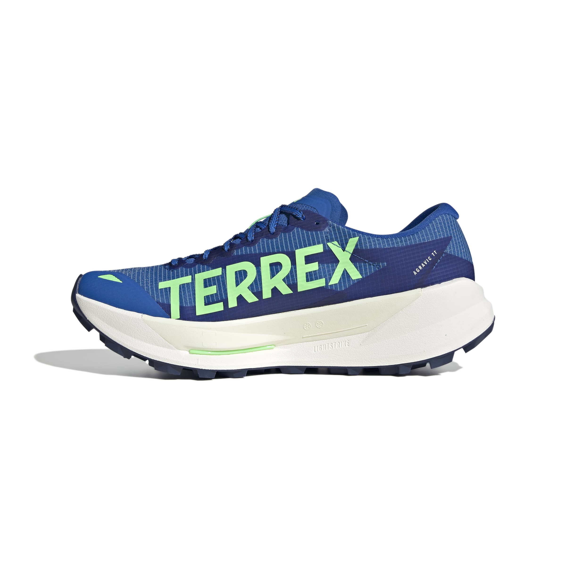 blue adidas agravic terrex tt blue trail shoe for men, side view with terrex logo