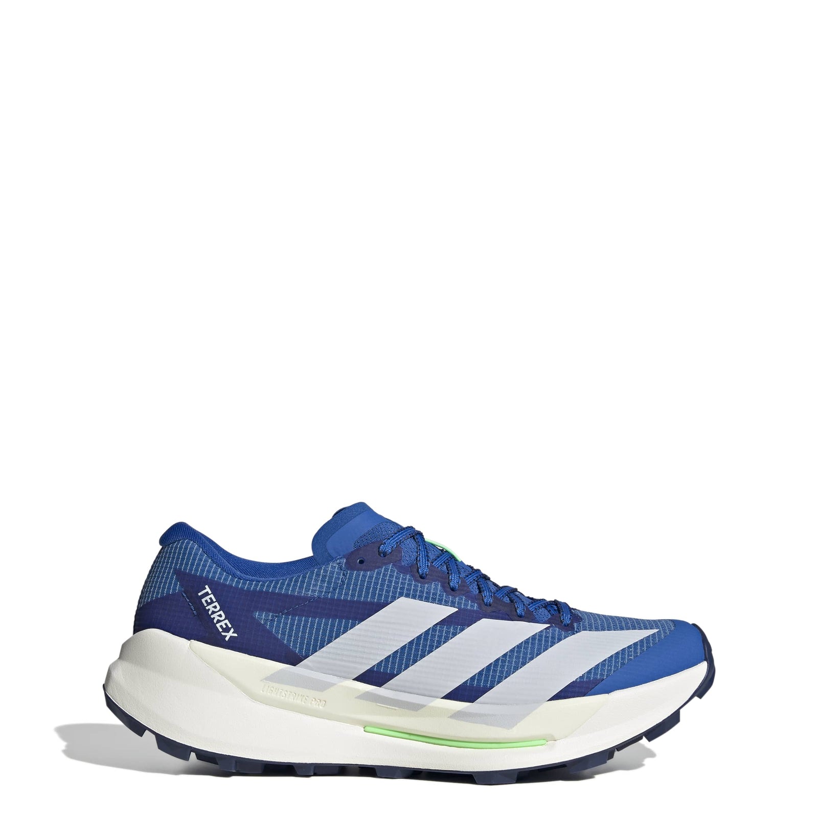 blue adidas agravic terrex tt blue trail shoe for men, side view with 3 stripes