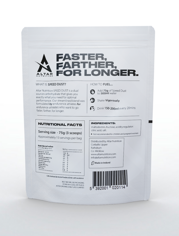 nutrition information for altar speed dust, back of packet