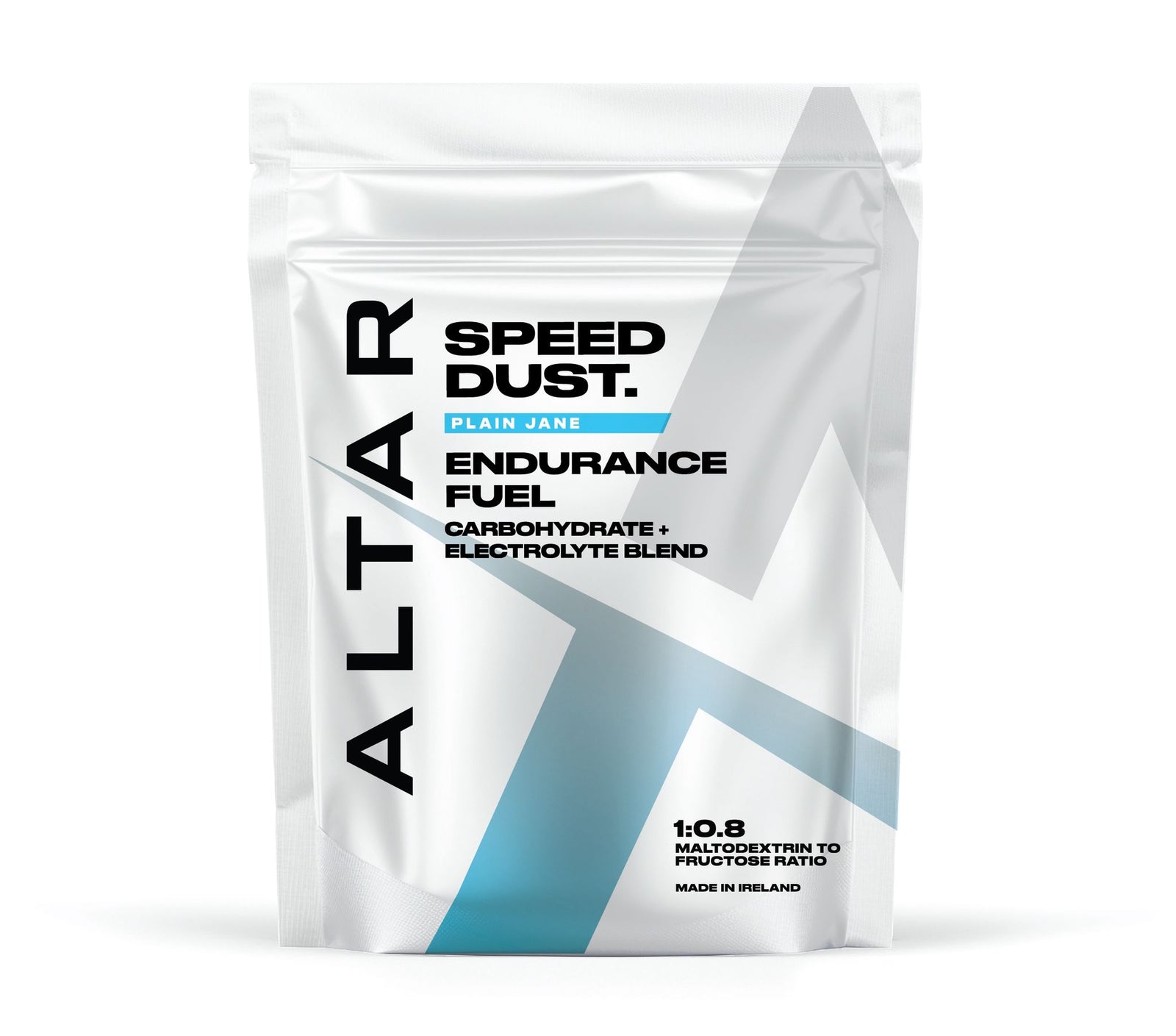 altar speeddust endurance fuel, carbohydrate and electrolyte running nutrition drink mix, white bag with black writing and blue details
