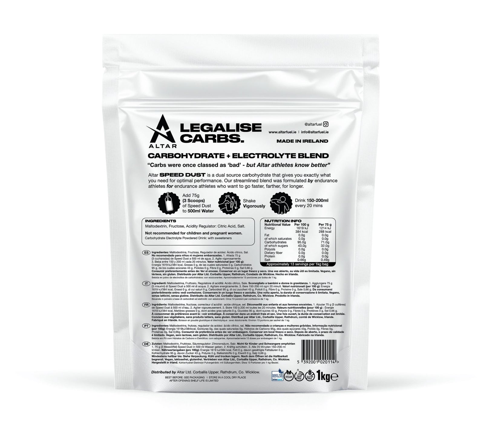 altar speeddust endurance fuel, carbohydrate and electrolyte running nutrition drink mix, details and nutrition information
