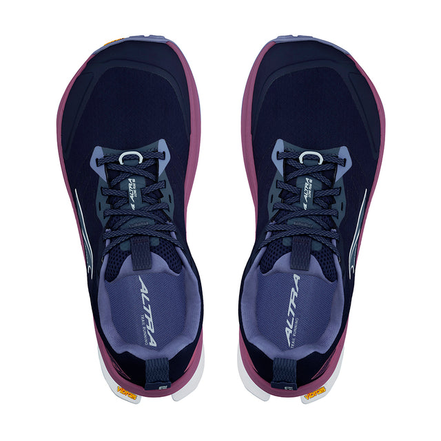 altra lone peak dark blue and purple trail running zero drop natural foot shape shoe top overview