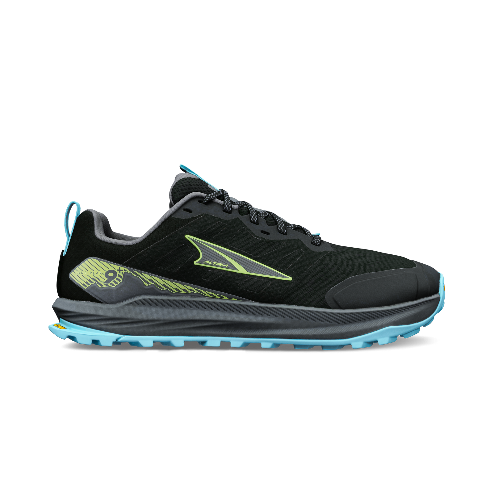 altra lone peak 9 mens, zero drop trail running shoe with natural wide toe box, black with green and blue details, side profile of shoe