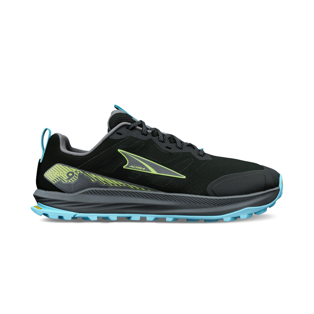 altra lone peak 9 mens, zero drop trail running shoe with natural wide toe box, black with green and blue details, side profile of shoe