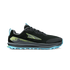 altra lone peak 9 mens, zero drop trail running shoe with natural wide toe box, black with green and blue details, side profile of shoe