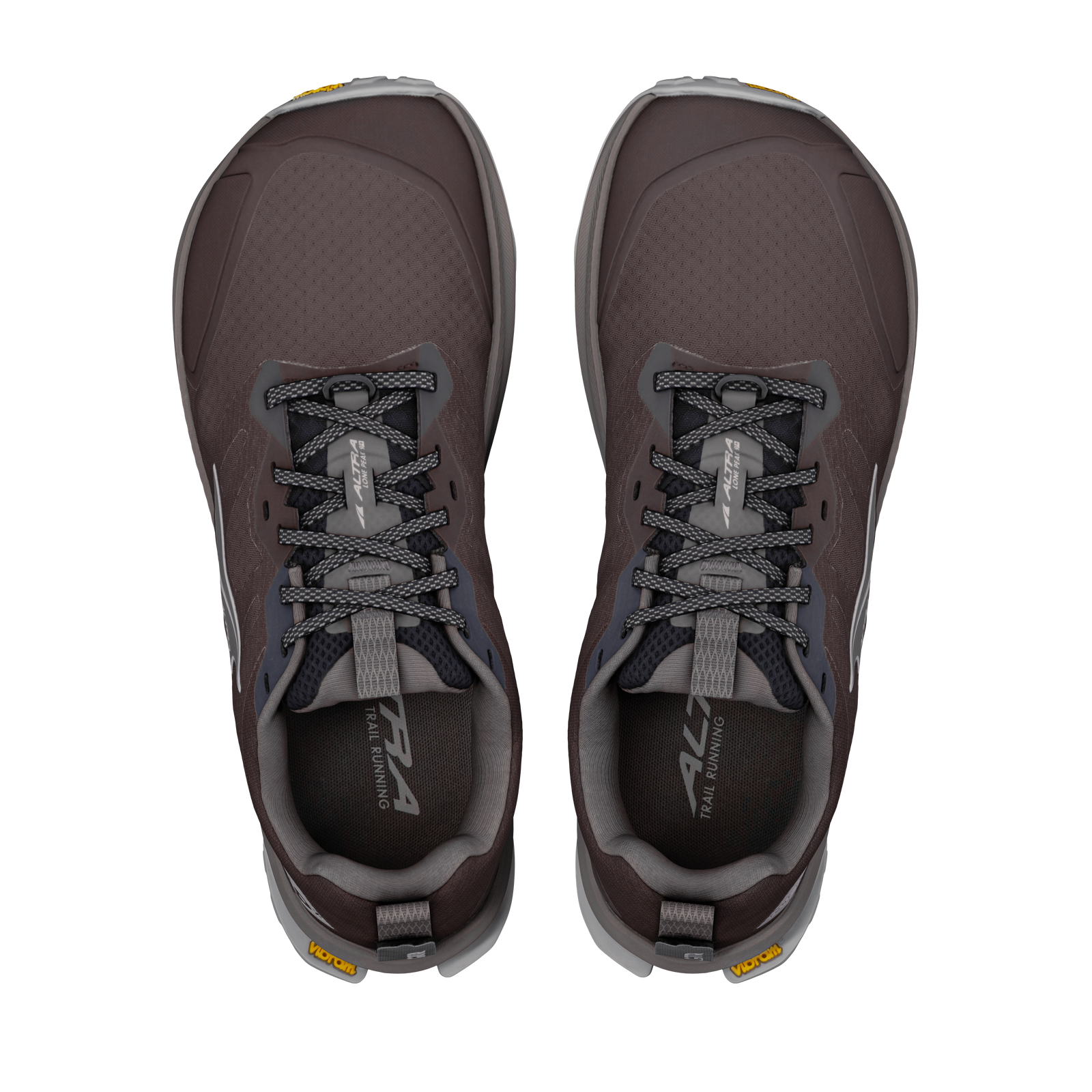 altra lone peak 9 mens, zero drop trail running shoe with natural wide toe box, dark brown colour with grey details, top view of shoes