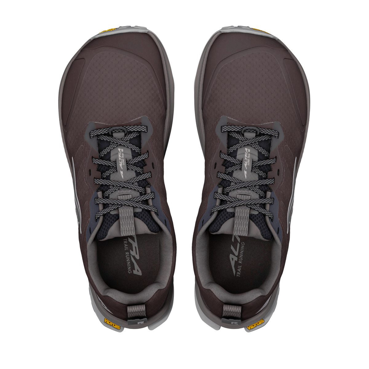 altra lone peak 9 mens, zero drop trail running shoe with natural wide toe box, dark brown colour with grey details, top view of shoes