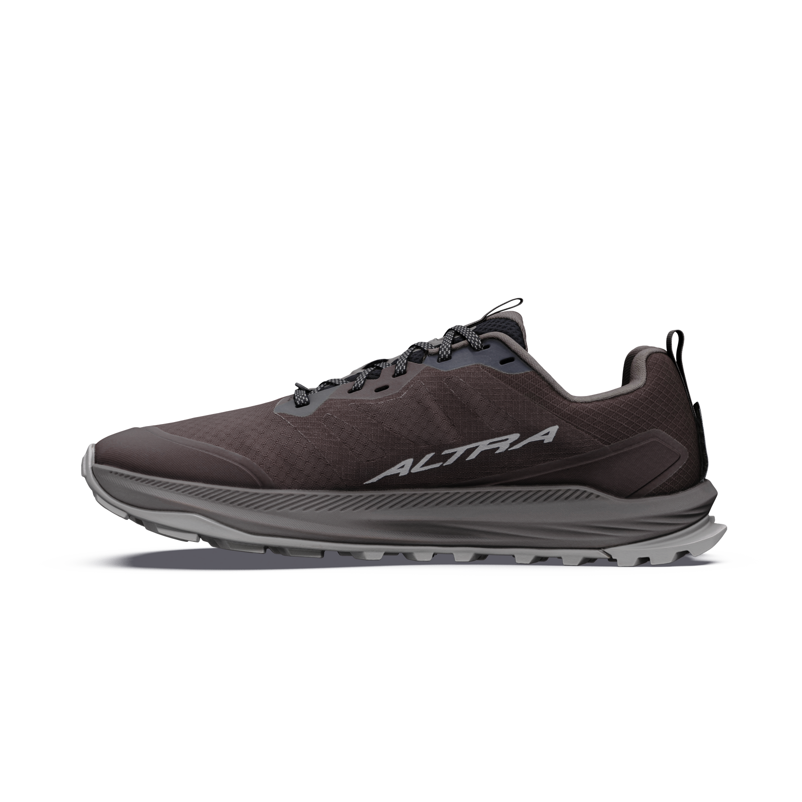 altra lone peak 9 mens, zero drop trail running shoe with natural wide toe box, dark brown colour with grey details, inside profile of shoe