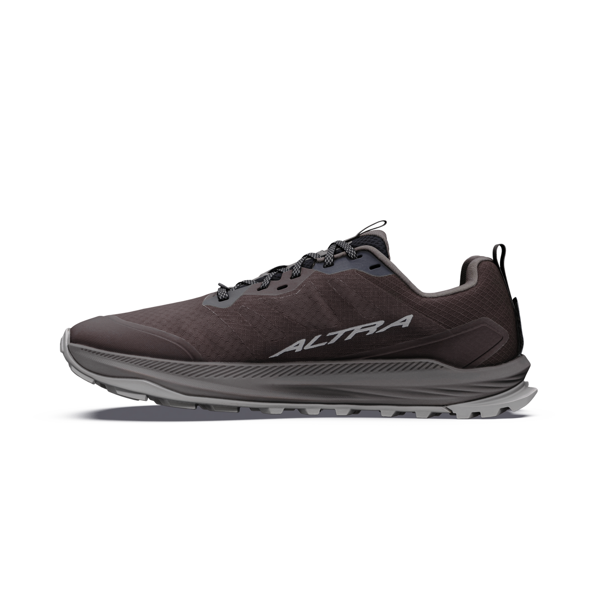 altra lone peak 9 mens, zero drop trail running shoe with natural wide toe box, dark brown colour with grey details, inside profile of shoe