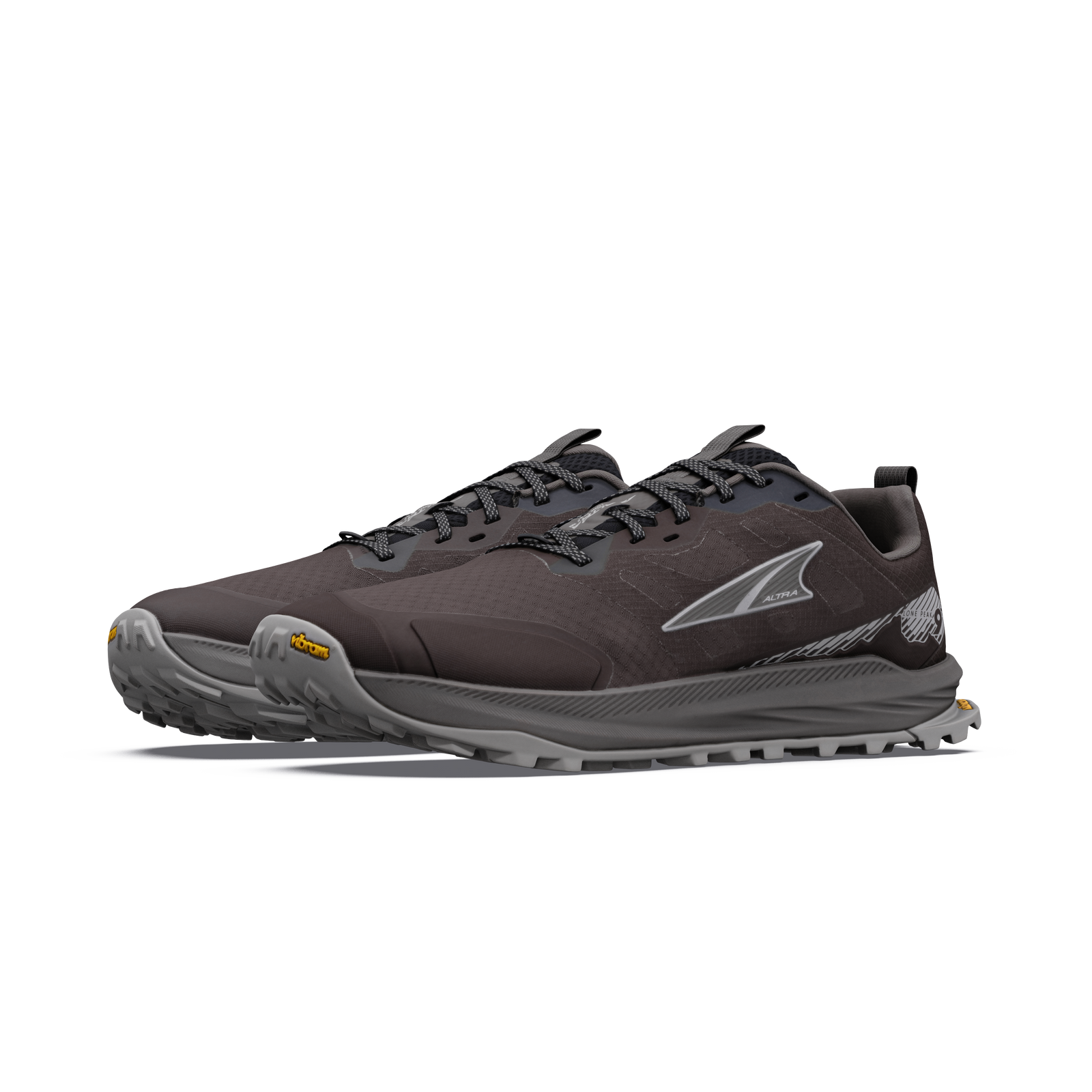 altra lone peak 9 mens, zero drop trail running shoe with natural wide toe box, dark brown colour with grey details, pair of shoes