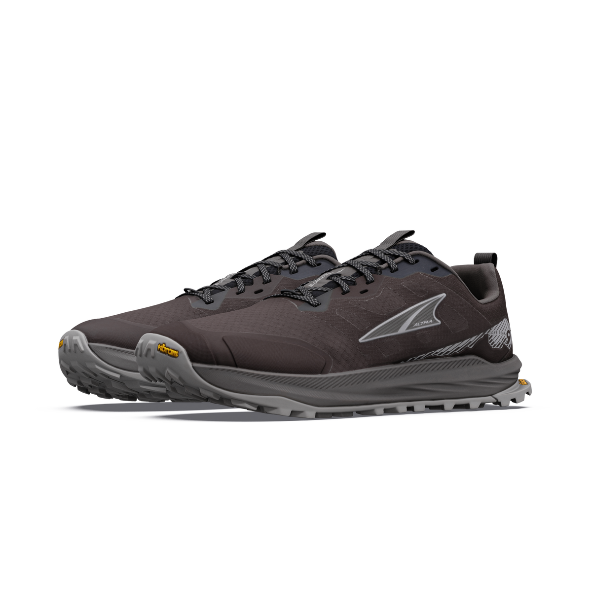 altra lone peak 9 mens, zero drop trail running shoe with natural wide toe box, dark brown colour with grey details, pair of shoes