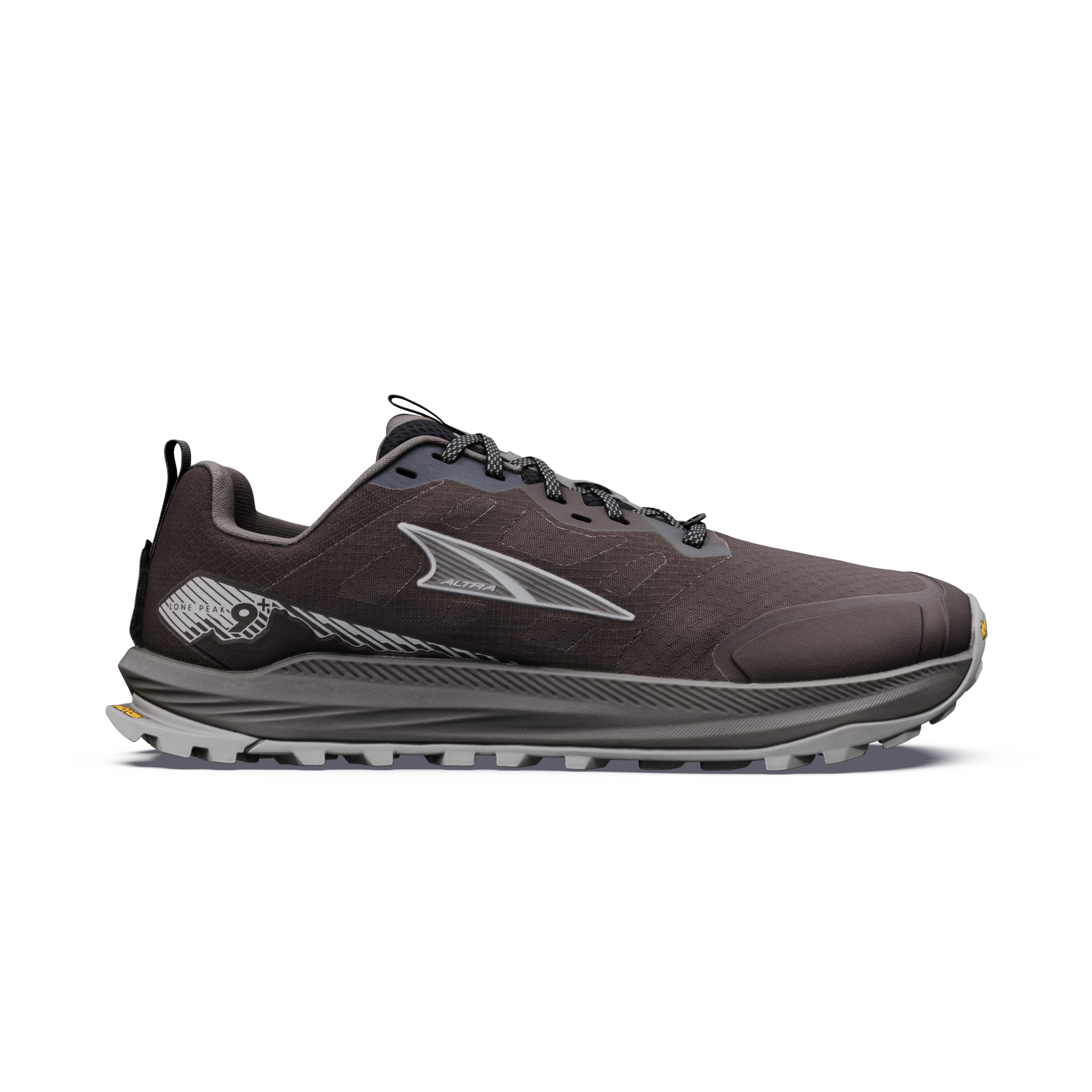 altra lone peak 9 mens, zero drop trail running shoe with natural wide toe box, dark brown colour with grey details, side profile of shoe