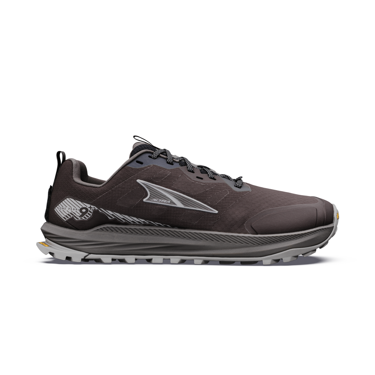 altra lone peak 9 mens, zero drop trail running shoe with natural wide toe box, dark brown colour with grey details, side profile of shoe