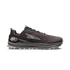 altra lone peak 9 mens, zero drop trail running shoe with natural wide toe box, dark brown colour with grey details, side profile of shoe