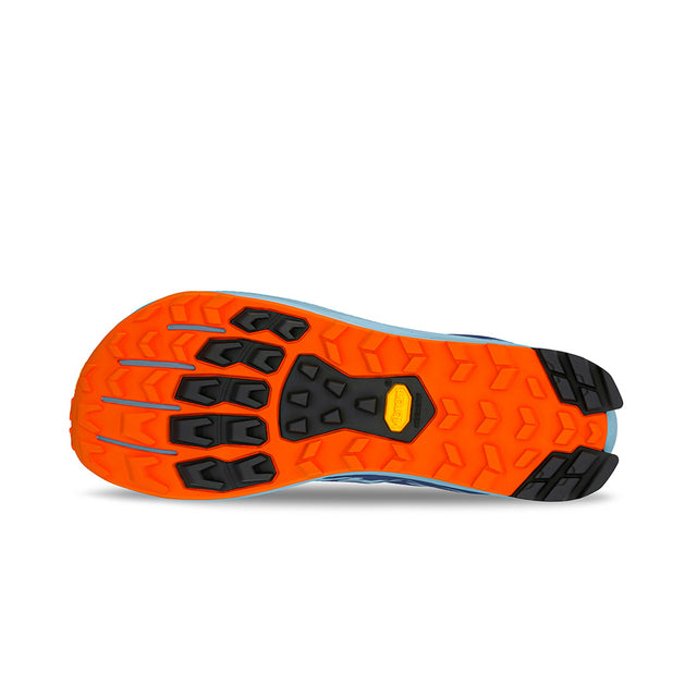 altra lone peak mens, zero drop trail running shoe, navy blue with light blue and orange details, underfoot