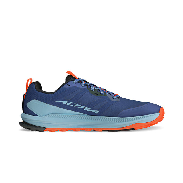 altra lone peak mens, zero drop trail running shoe, navy blue with light blue and orange details, side profile of shoe