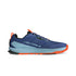 altra lone peak mens, zero drop trail running shoe, navy blue with light blue and orange details, side profile of shoe