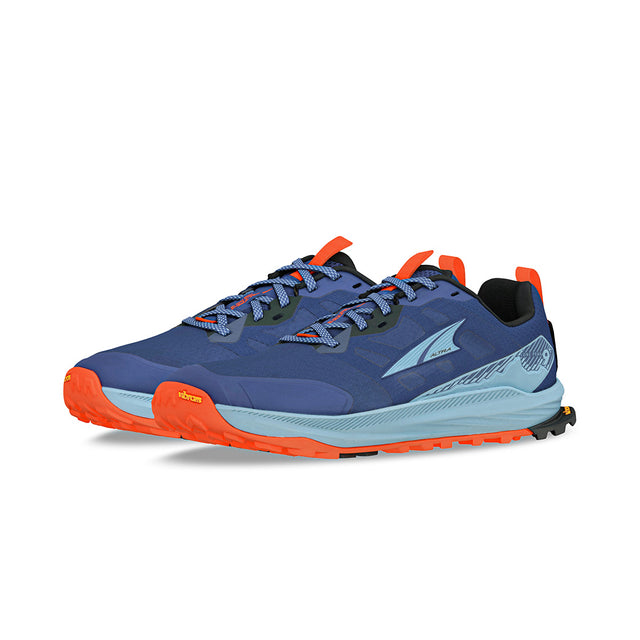 altra lone peak mens, zero drop trail running shoe, navy blue with light blue and orange details, pair of shoes side angled front profile