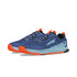 altra lone peak mens, zero drop trail running shoe, navy blue with light blue and orange details, pair of shoes side angled front profile